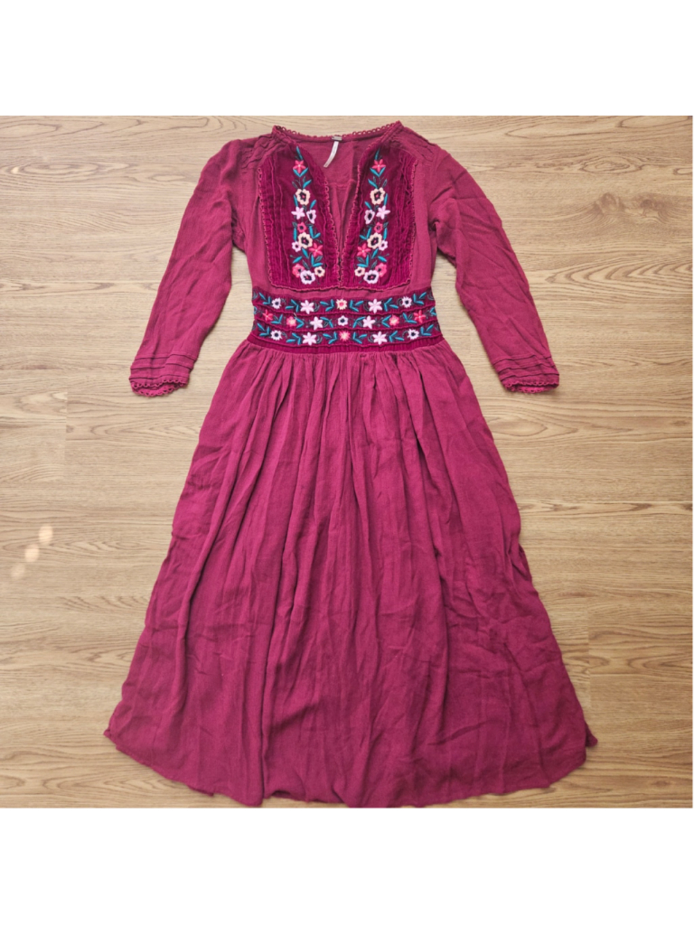 Free People Romantic Flora Midi Dress Raspberry Magenta Boho Embroidered XS